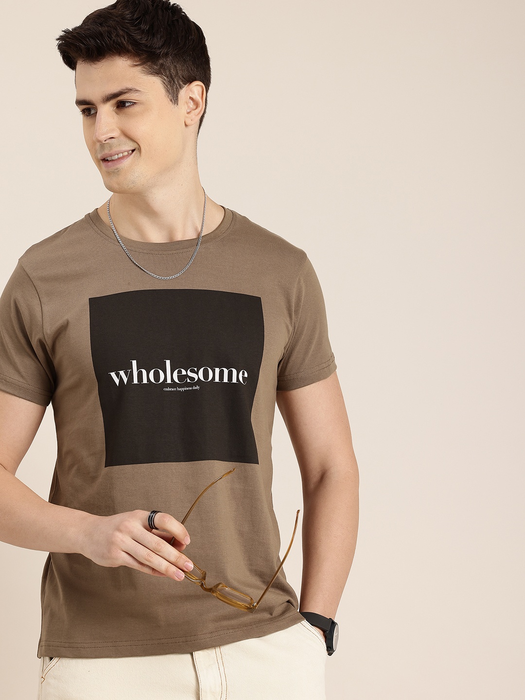 

HERE&NOW Pure Cotton Typography Printed T-shirt, Brown