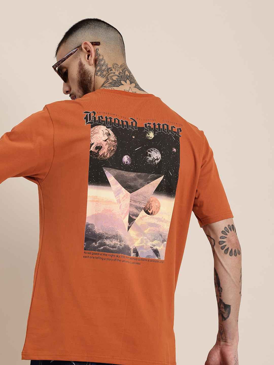 

HERE&NOW Printed Drop-Shoulder Sleeves Pure Cotton T-shirt, Rust