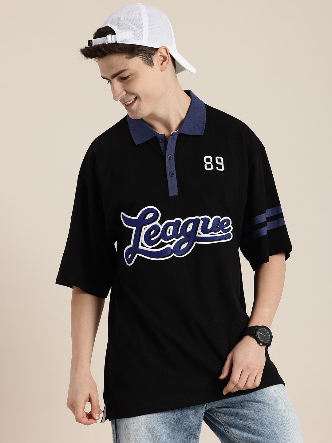 

HERE&NOW Typography Embroidered Polo Collar Drop-Shoulder Pure Cotton Oversized T-shirt, Black