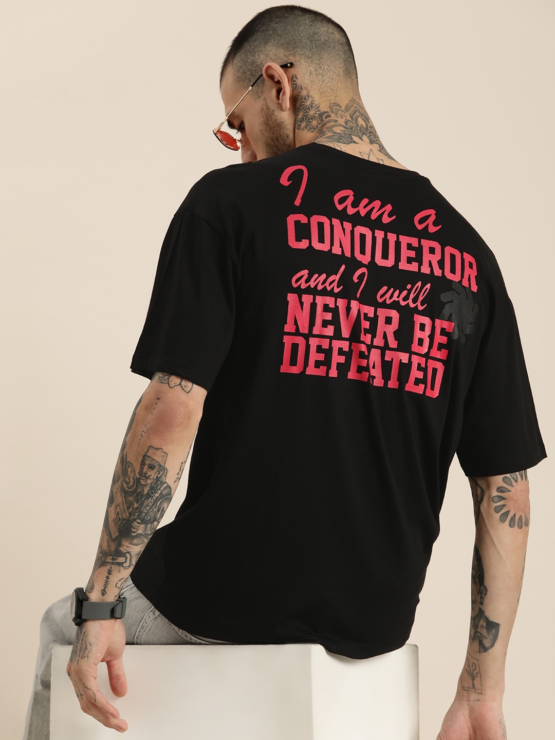 

HERE&NOW Typography Printed Drop-Shoulder Sleeves Pure Cotton T-shirt, Black