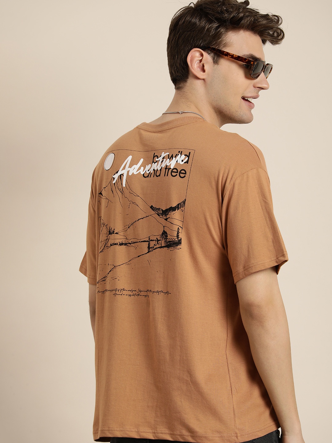 

HERE&NOW Pure Cotton Graphic Printed Drop-Shoulder Sleeves T-shirt, Brown
