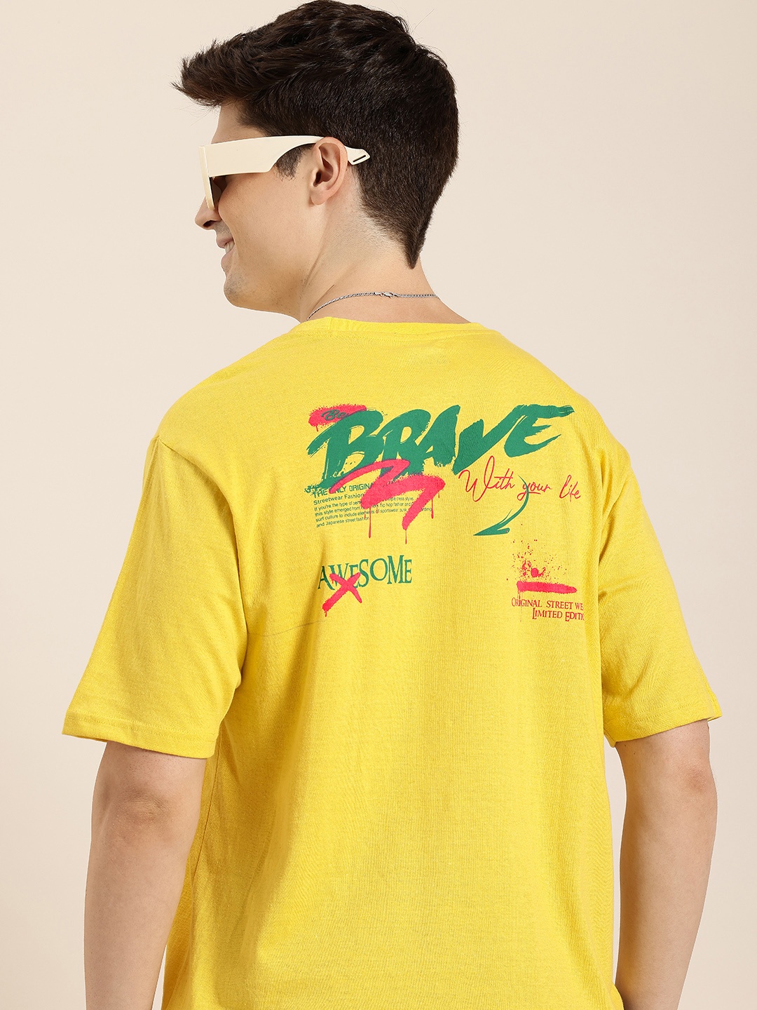 

HERE&NOW Printed Drop-Shoulder Sleeves T-shirt, Yellow