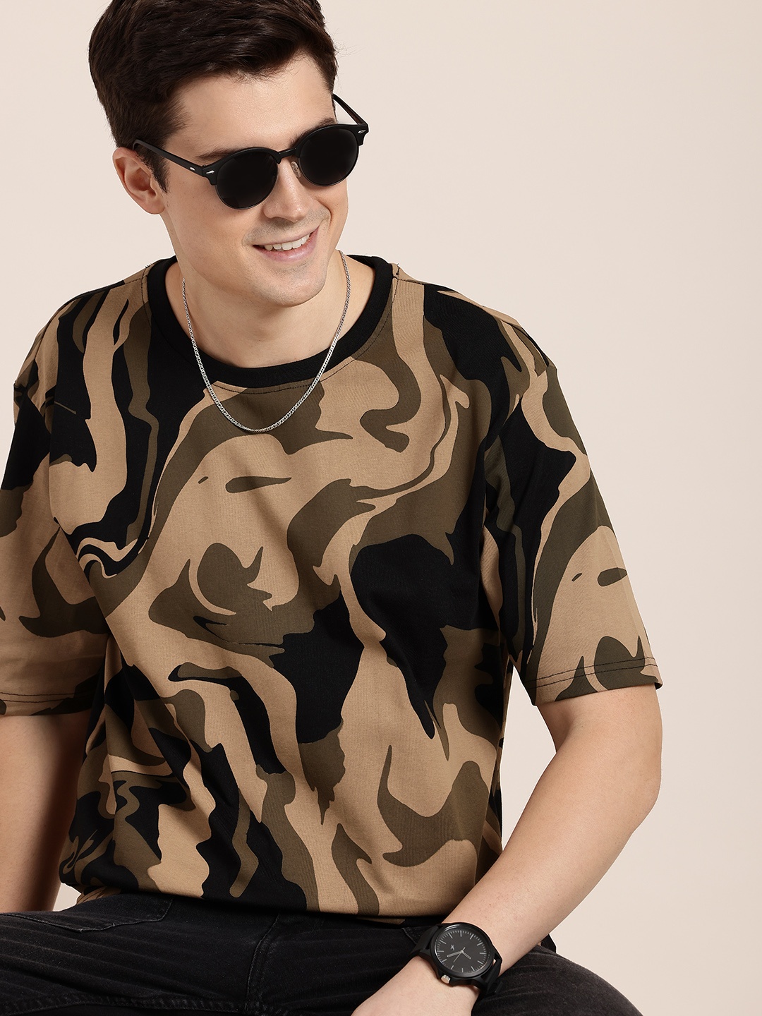

HERE&NOW Camouflage Printed Drop-Shoulder Sleeves Pure Cotton T-shirt, Brown