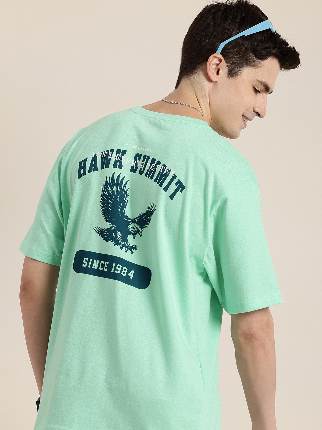 

HERE&NOW Graphic Printed Drop-Shoulder Sleeves T-shirt, Green