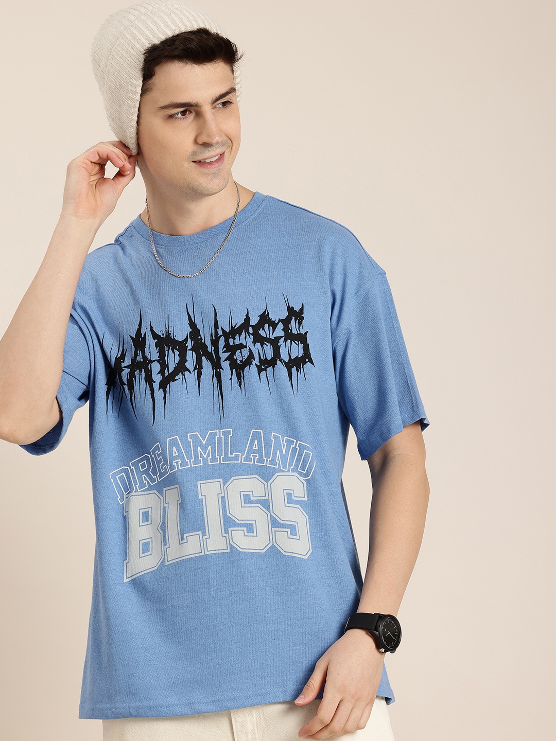 

HERE&NOW Typography Printed Drop-Shoulder Sleeves T-shirt, Blue