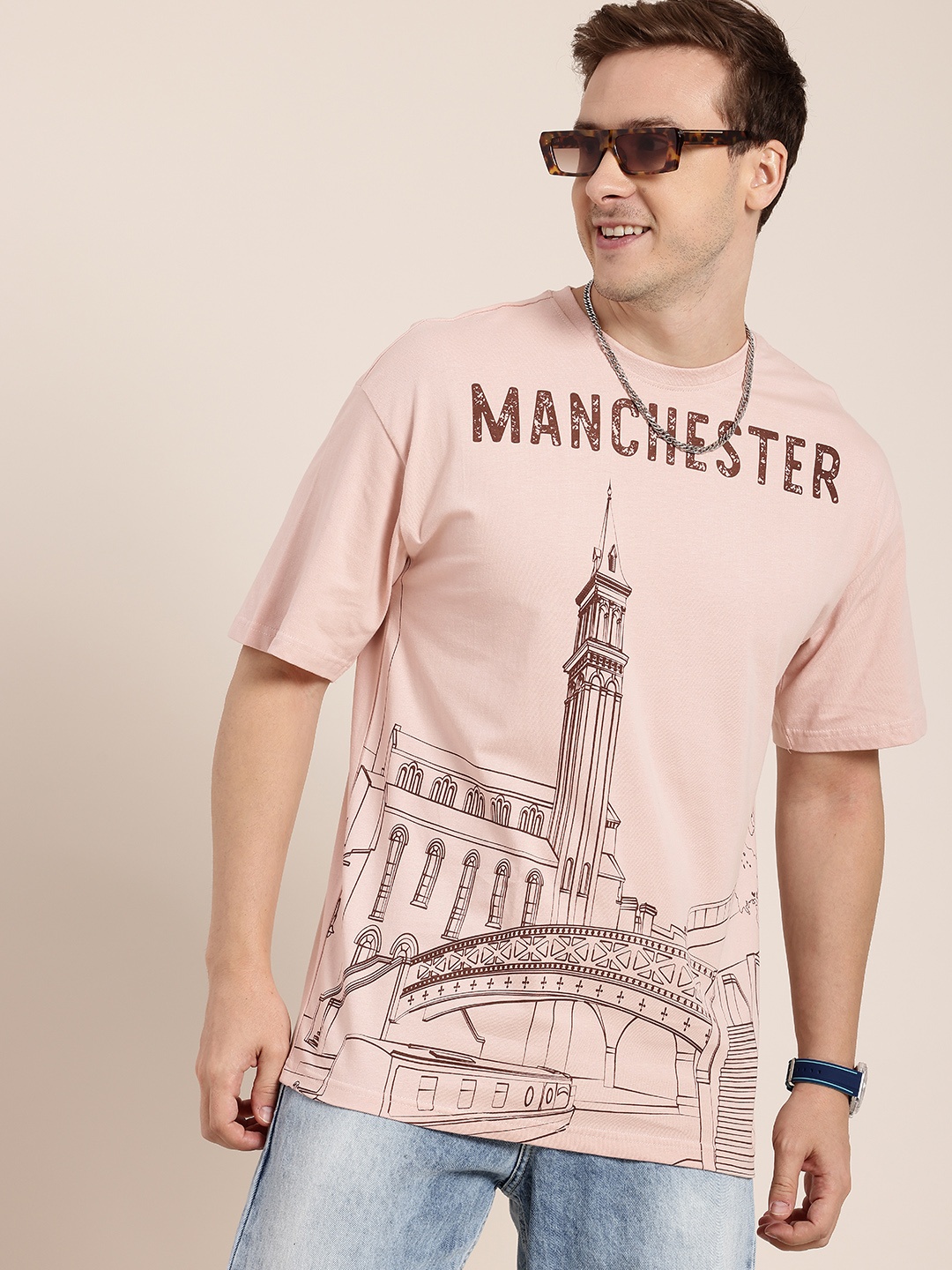

HERE&NOW Printed Drop-Shoulder Sleeves Pure Cotton T-shirt, Rose