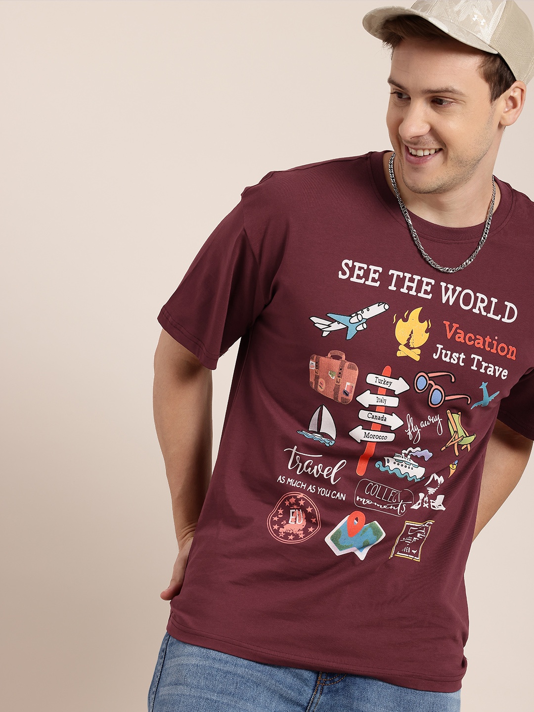 

HERE&NOW Printed Drop-Shoulder Sleeves Pure Cotton T-shirt, Burgundy