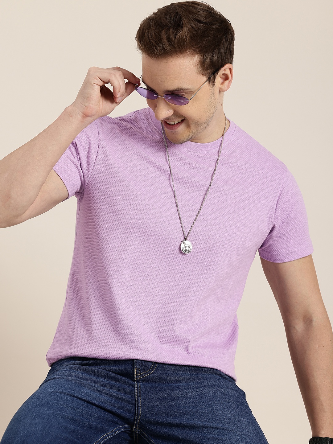 

HERE&NOW Self Design Round Neck T-shirt, Lavender