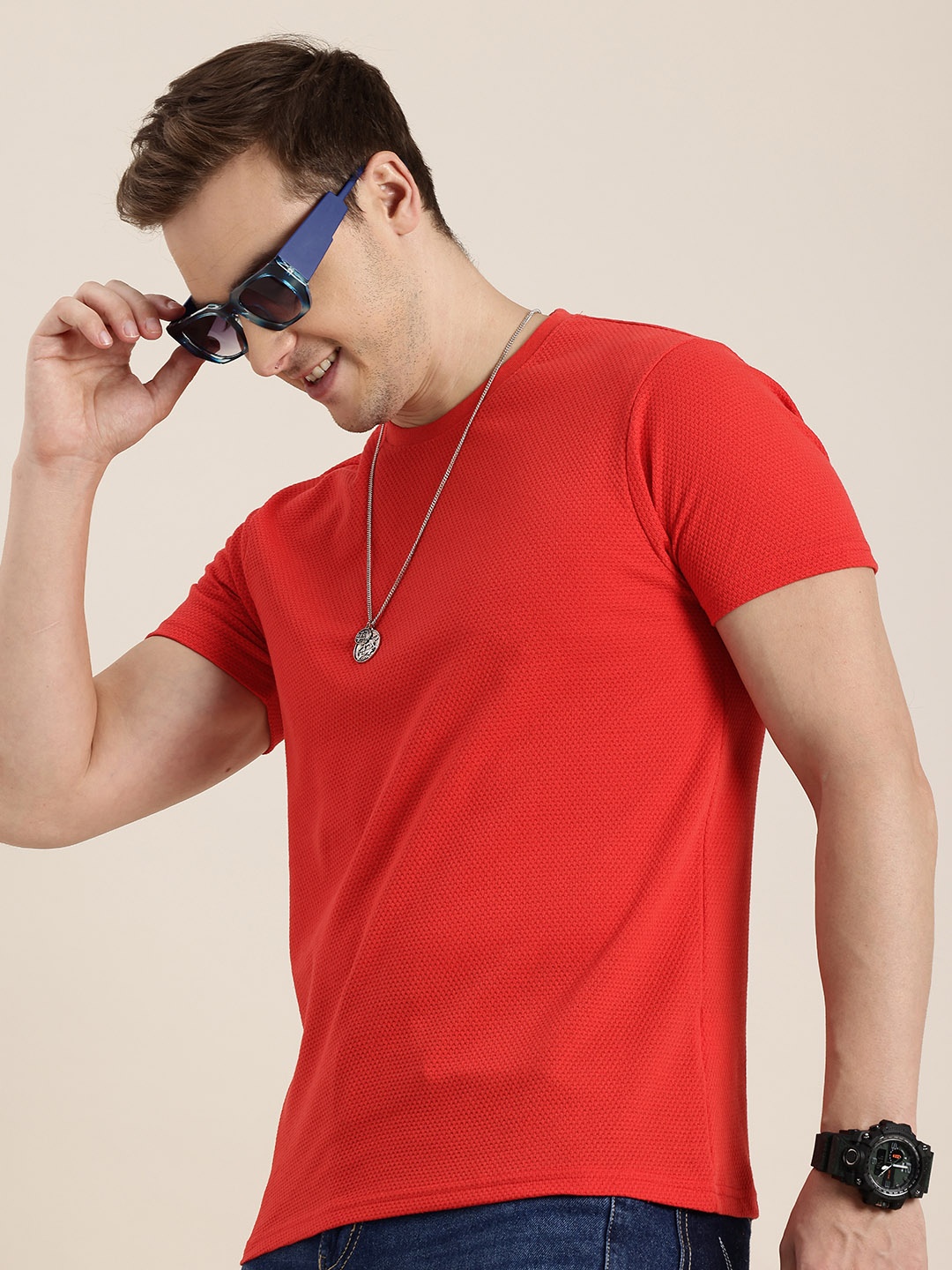 

HERE&NOW Self Design Round Neck T-shirt, Red