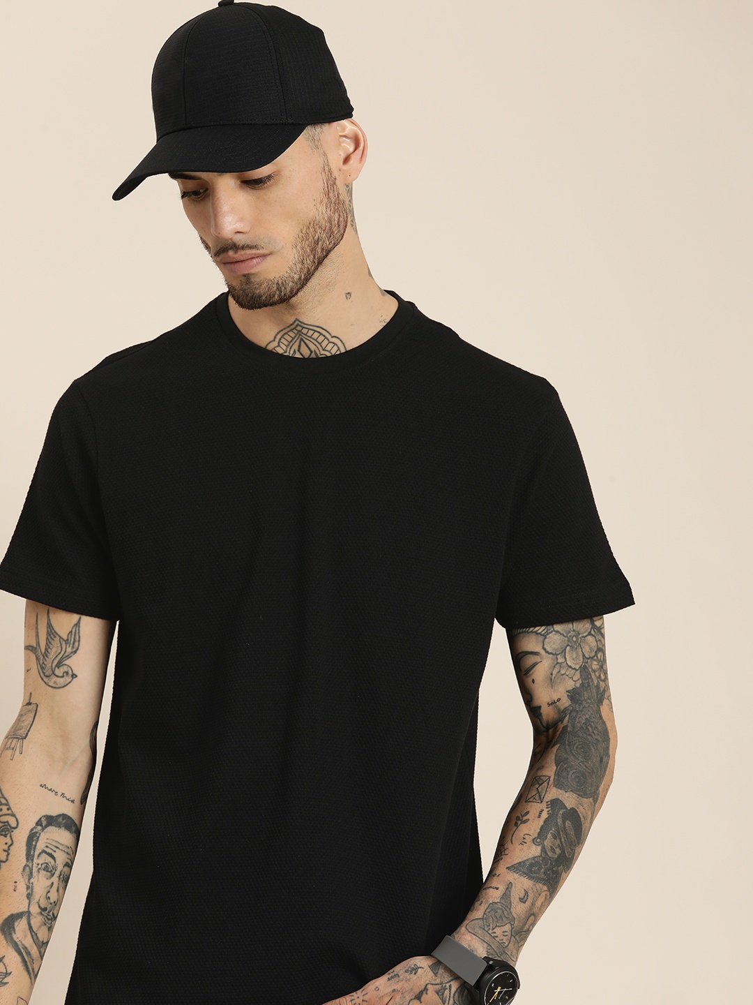 

HERE&NOW Self Design Round Neck T-shirt, Black