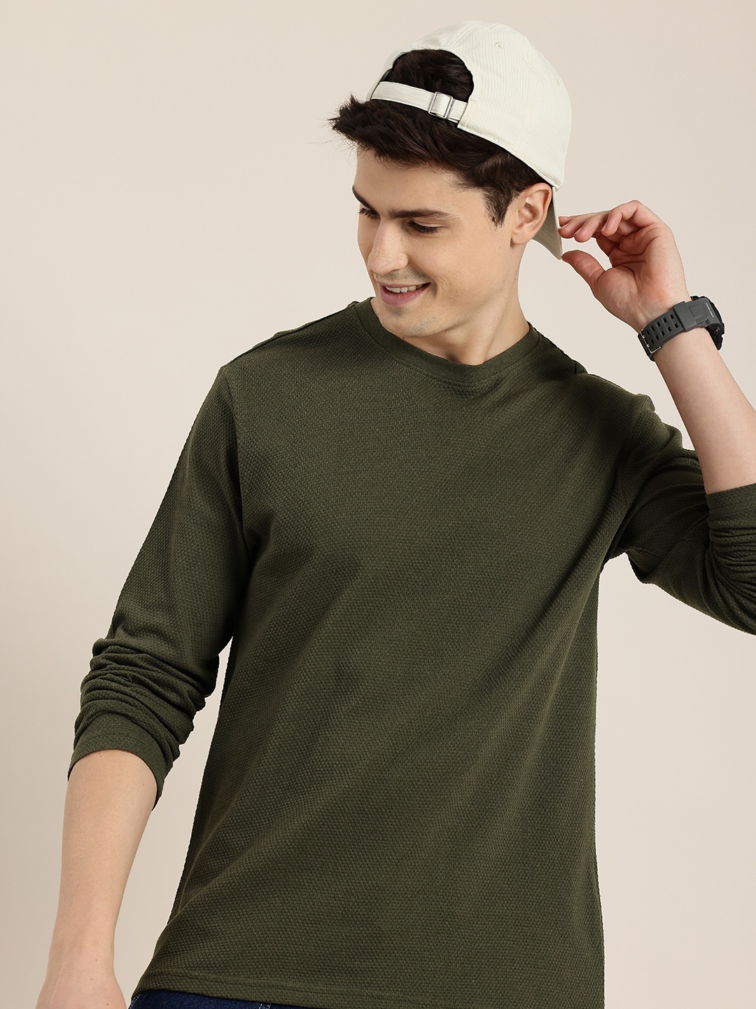 

HERE&NOW Long Sleeves Round Neck Self Design T-shirt, Olive