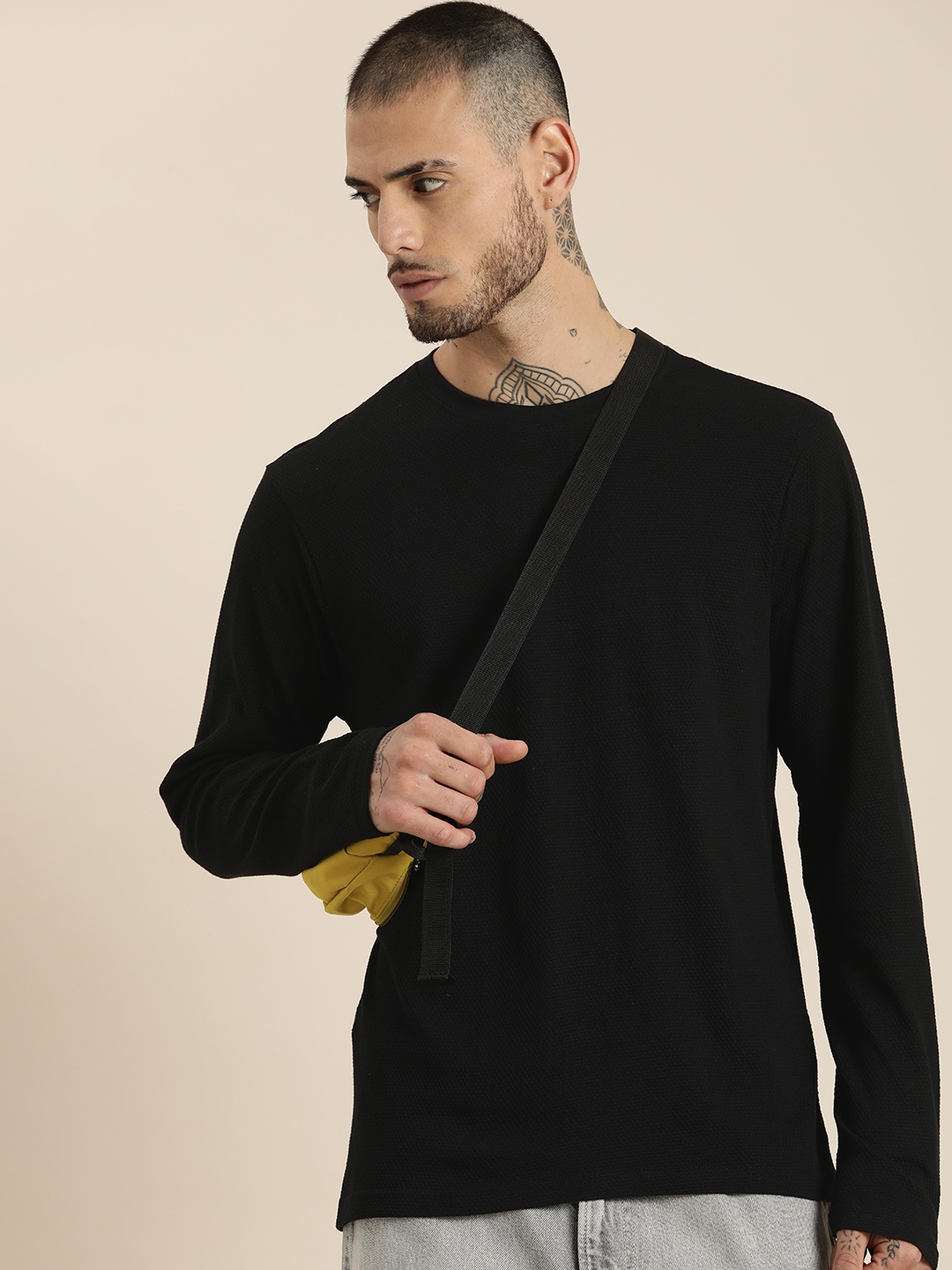 

HERE&NOW Self Design Round Neck T-shirt, Black