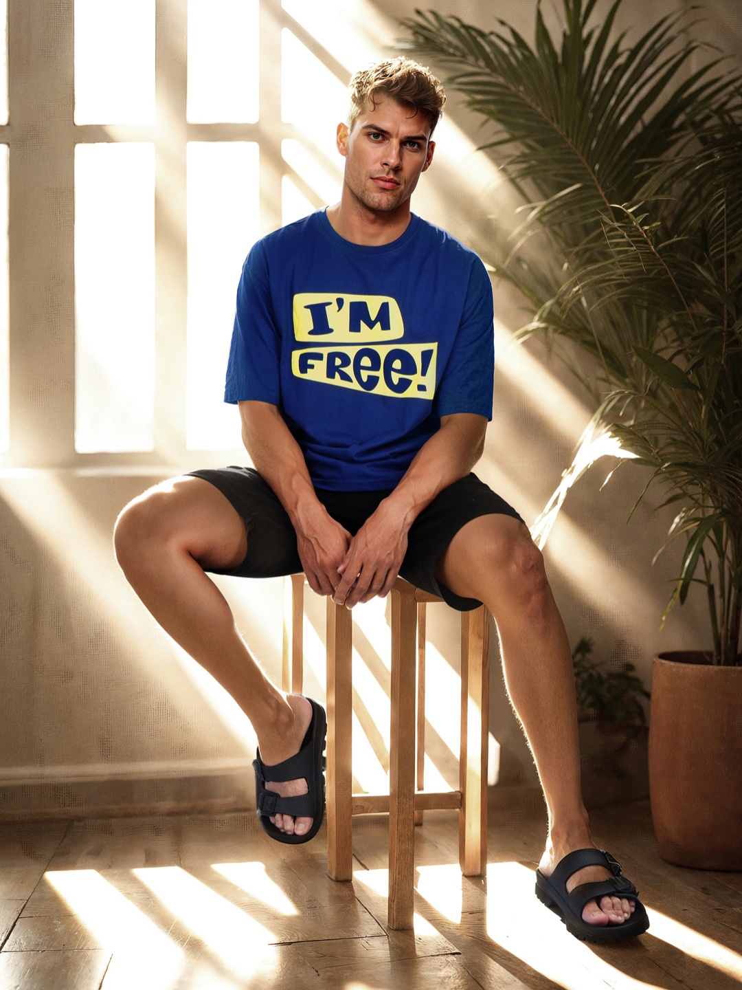 

HERE&NOW Printed Drop-Shoulder Sleeves Pure Cotton T-shirt, Navy blue