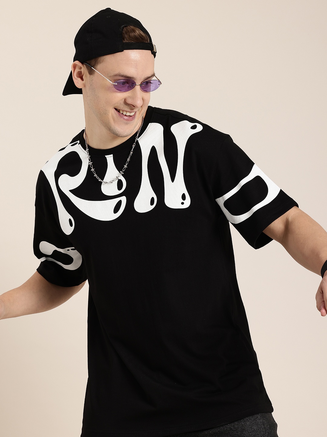 

HERE&NOW Pure Cotton Typography Printed Drop-Shoulder Sleeves T-shirt, Black