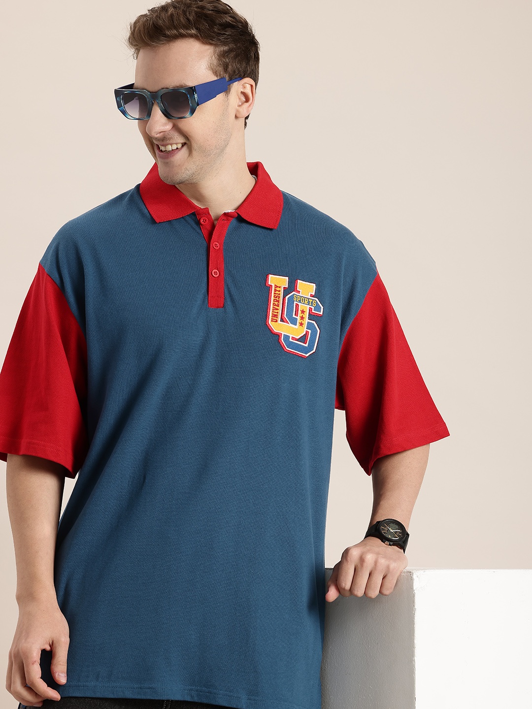 

HERE&NOW Typography Polo Collar Drop-Shoulder Sleeves Pure Cotton T-shirt, Navy blue