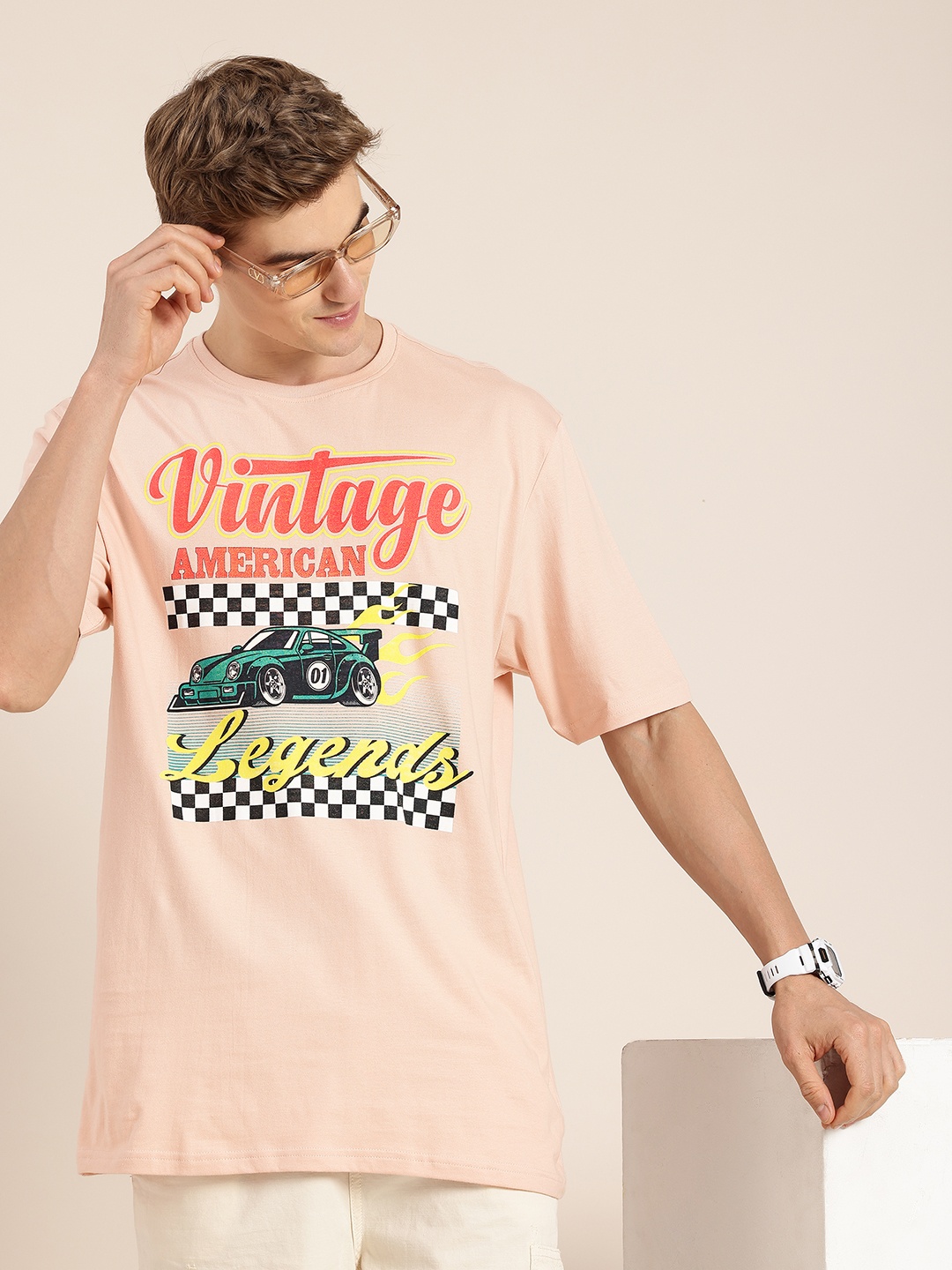 

HERE&NOW Printed Pure Cotton T-shirt, Peach