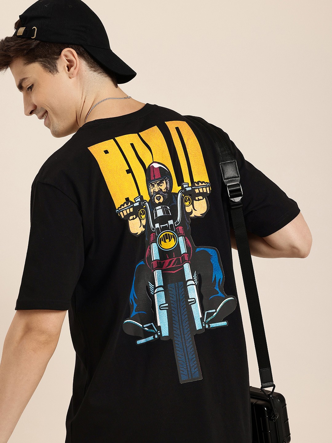 

HERE&NOW Pure Cotton Graphic Printed Drop-Shoulder Sleeves T-shirt, Black