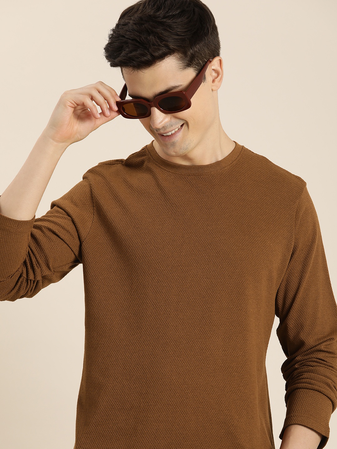 

HERE&NOW Self Design Textured T-shirt, Brown