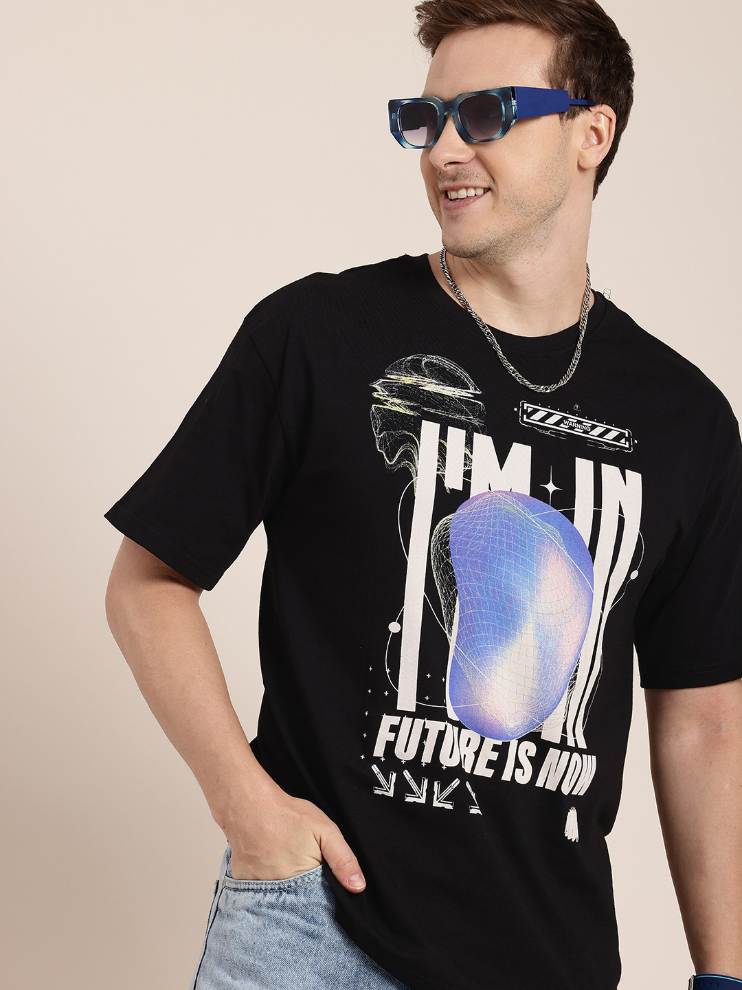 

HERE&NOW Printed Drop-Shoulder Sleeves Pure Cotton T-shirt, Black