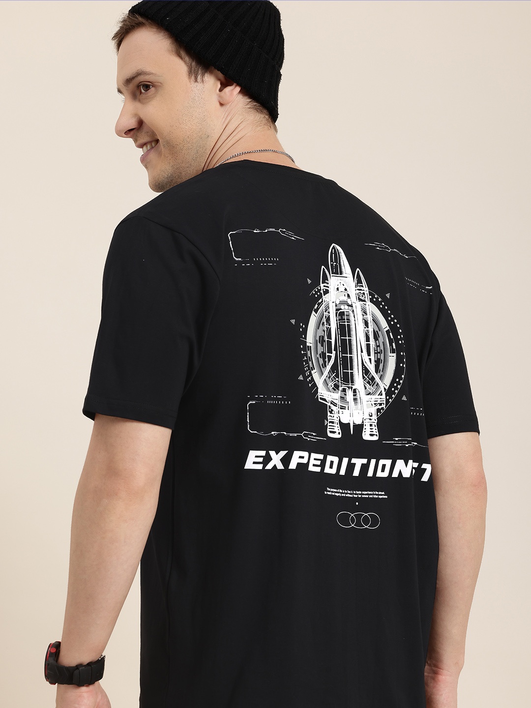 

HERE&NOW Printed Drop-Shoulder Sleeves Pure Cotton T-shirt, Black