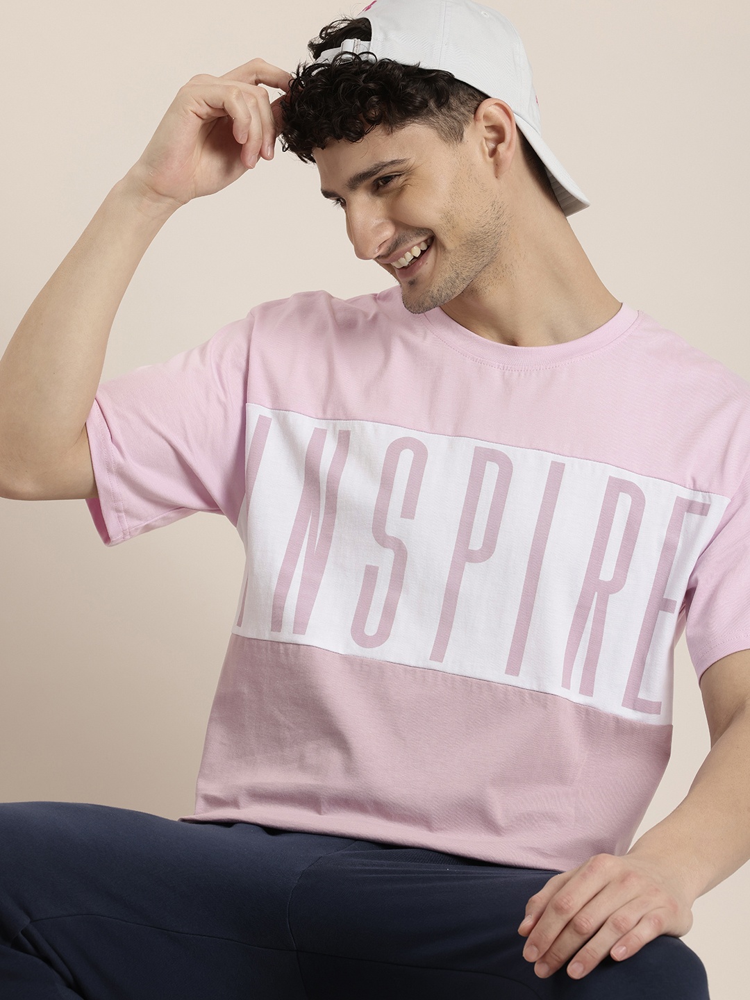 

HERE&NOW Typography Printed Drop-Shoulder Sleeves Pure Cotton T-shirt, Lavender