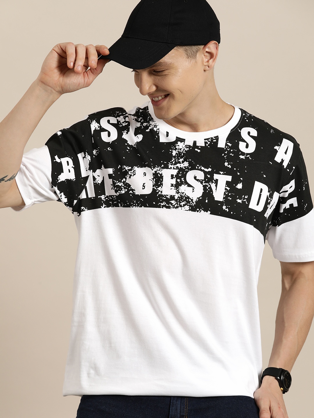 

HERE&NOW Printed Drop-Shoulder Sleeves Pure Cotton T-shirt, White