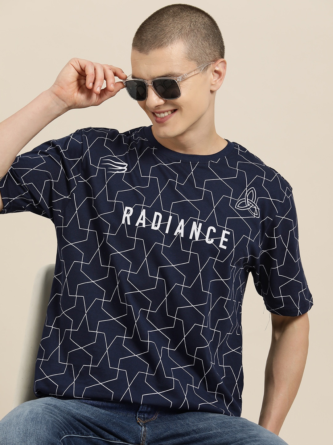 

HERE&NOW Printed Drop-Shoulder Sleeves Pure Cotton T-shirt, Navy blue