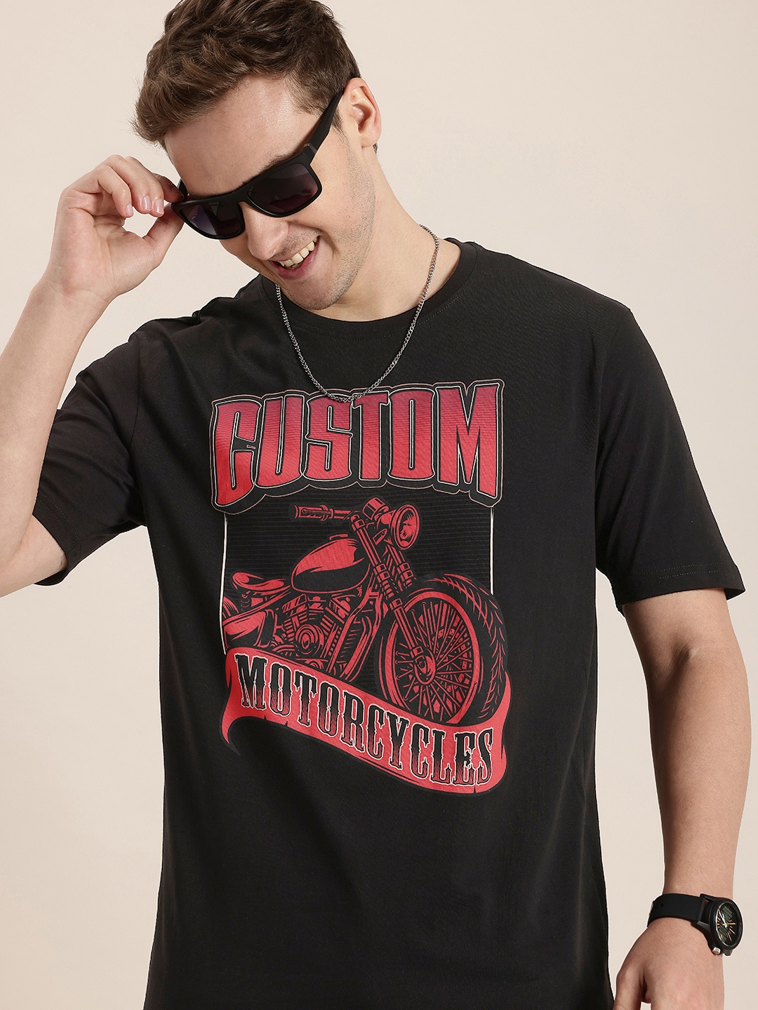 

HERE&NOW Biker Printed Pure Cotton T-shirt, Black