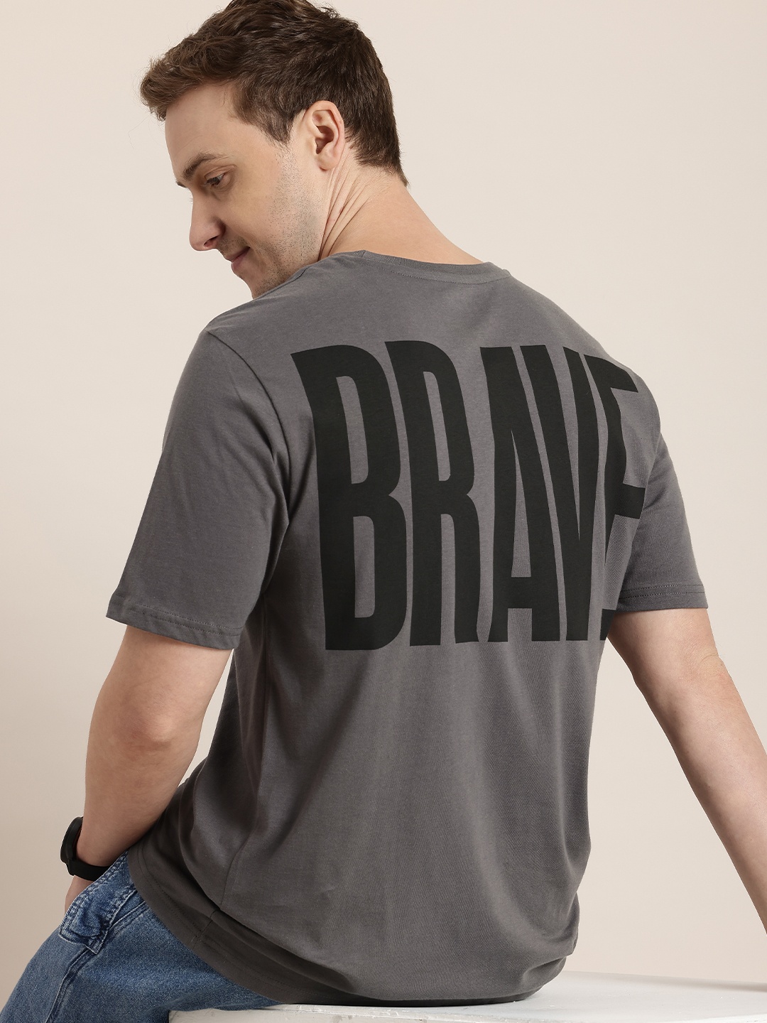 

HERE&NOW Typography Printed Drop-Shoulder Sleeves Pure Cotton T-shirt, Grey