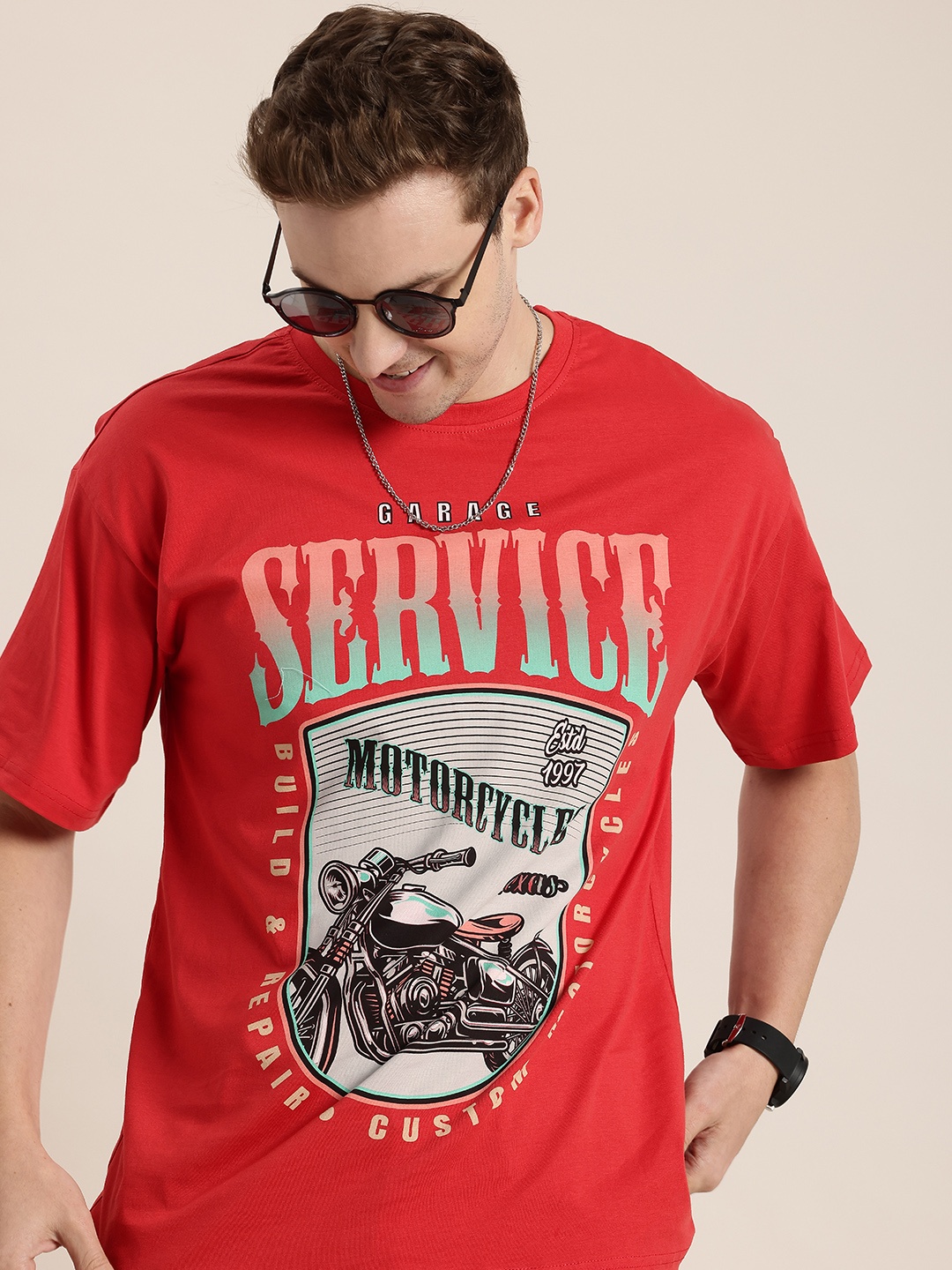 

HERE&NOW Printed Drop-Shoulder Sleeves Pure Cotton T-shirt, Red
