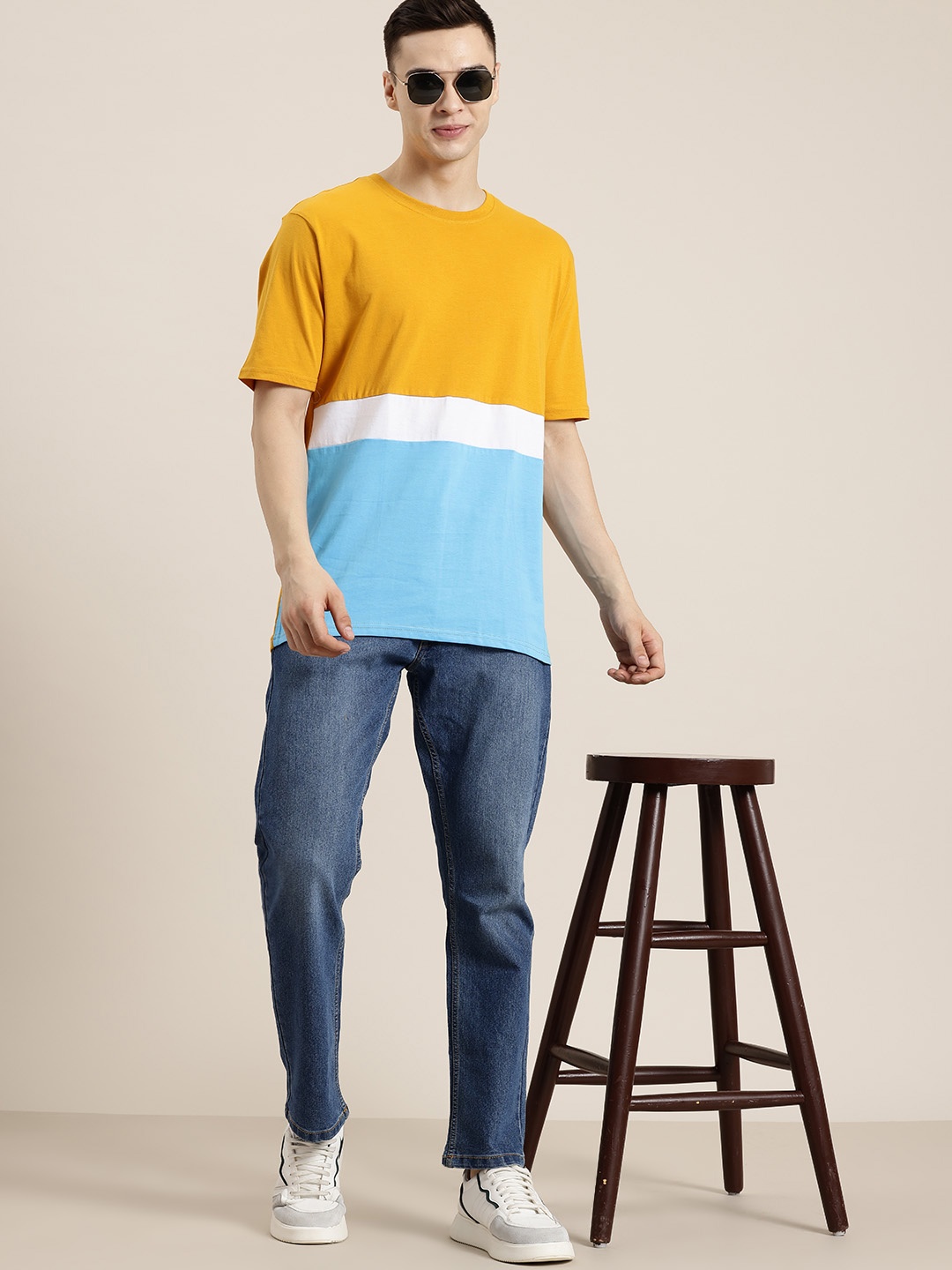 

HERE&NOW Pure Cotton Colourblocked Drop-Shoulder Sleeves T-shirt, Yellow