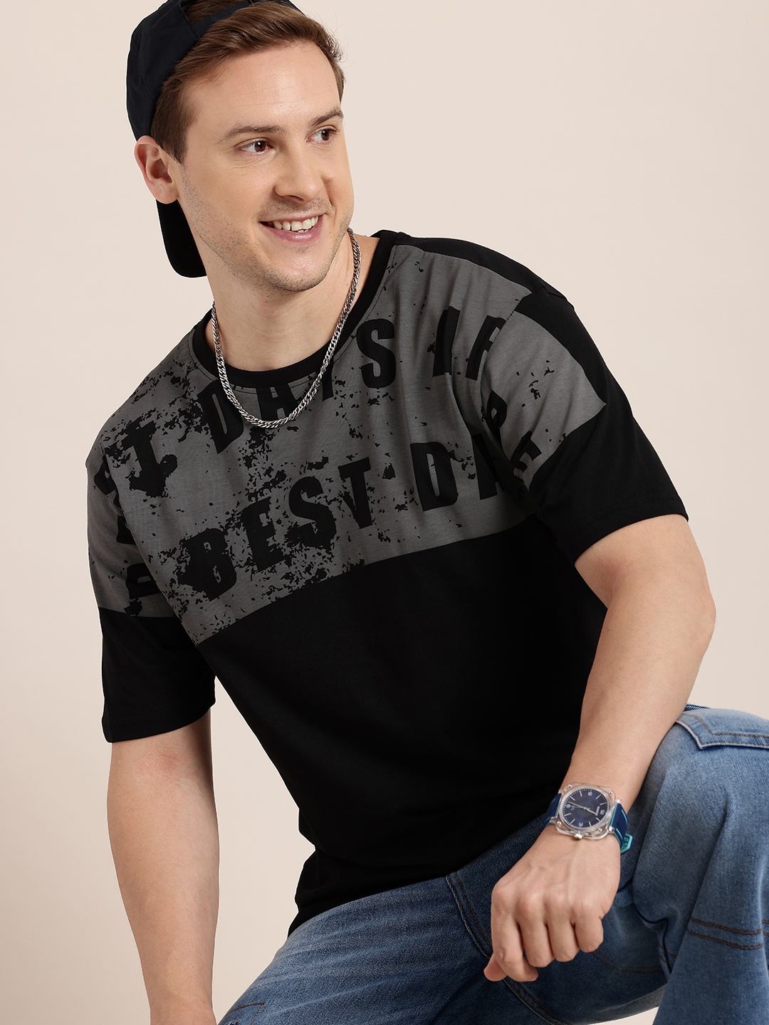 

HERE&NOW Pure Cotton Typography Printed Drop-Shoulder Sleeves T-shirt, Black