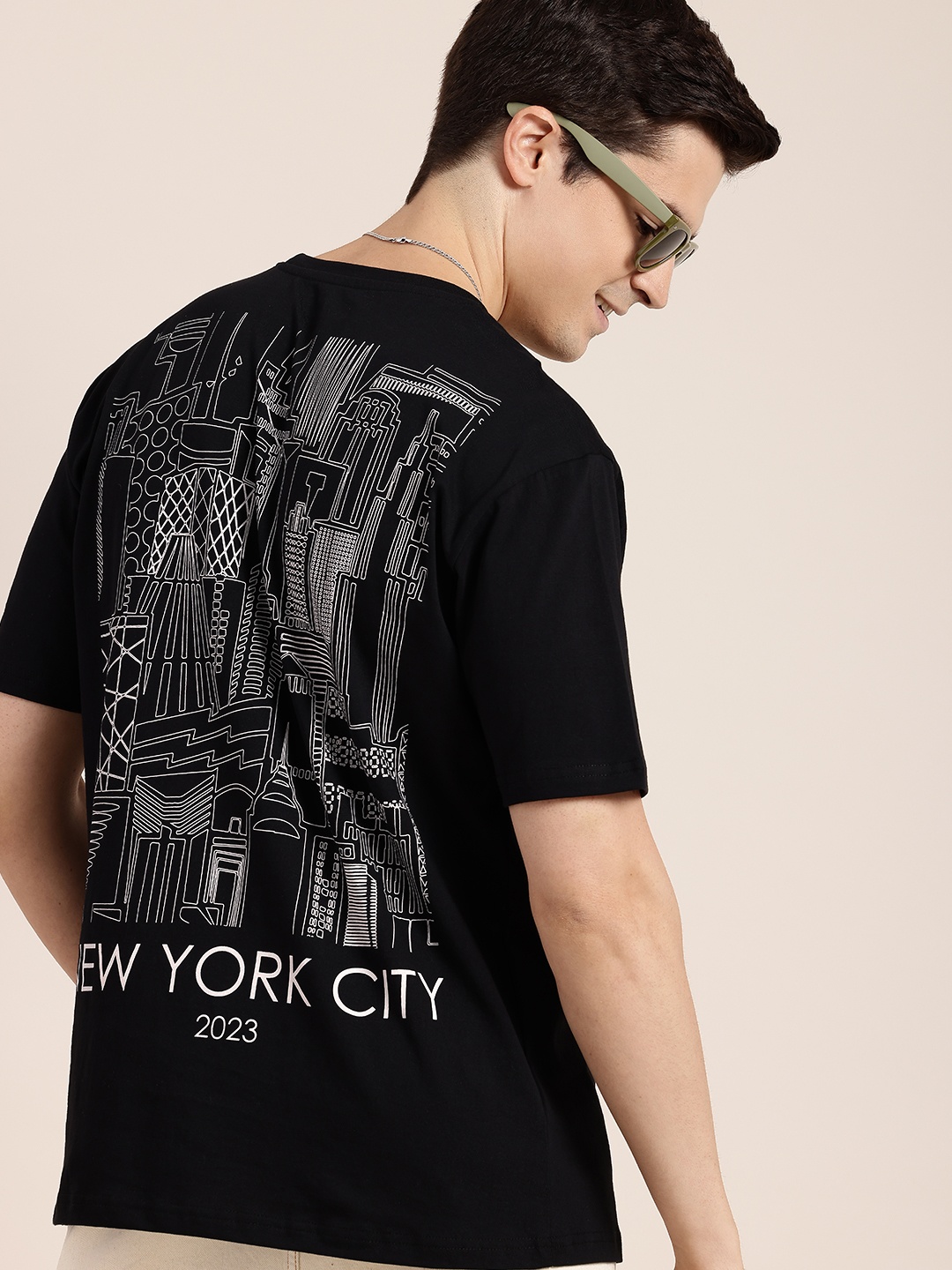 

HERE&NOW Pure Cotton Graphic Printed Drop-Shoulder Sleeves T-shirt, Black