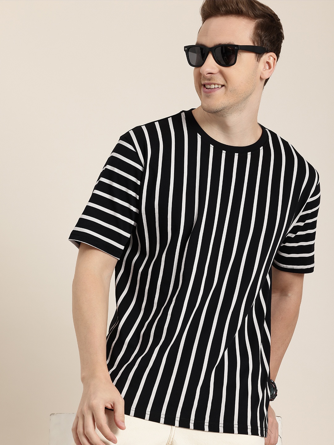 

HERE&NOW Striped Drop-Shoulder Sleeves Pure Cotton T-shirt, Black