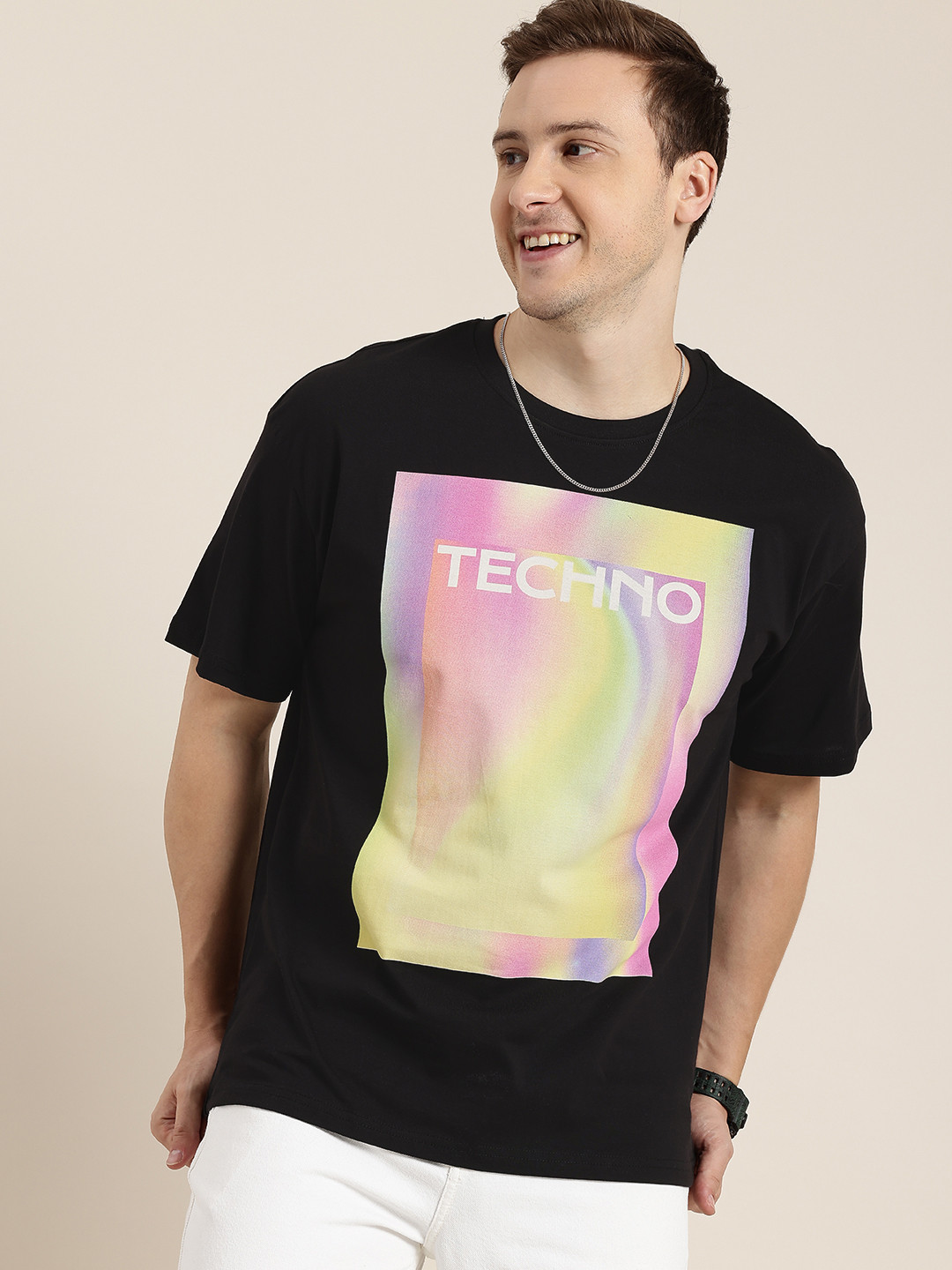 

HERE&NOW Pure Cotton Graphic Printed Drop-Shoulder Sleeves T-shirt, Black