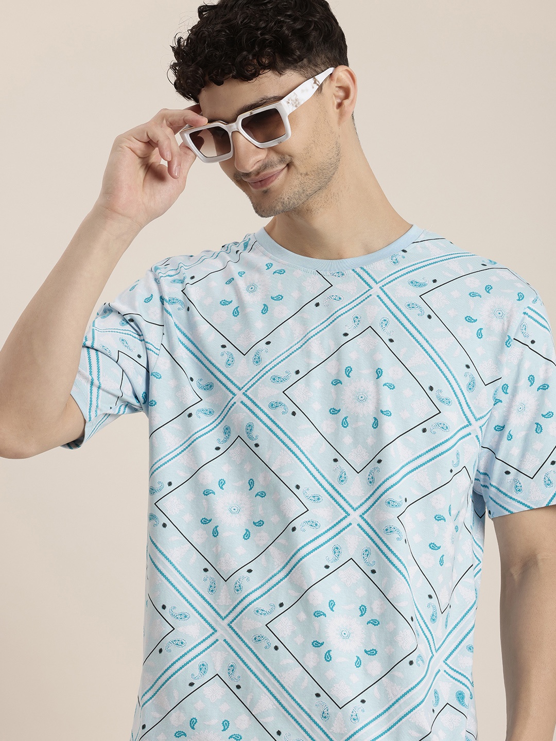 

HERE&NOW Ethnic Floral Printed Drop-Shoulder Sleeves Pure Cotton T-shirt, Blue