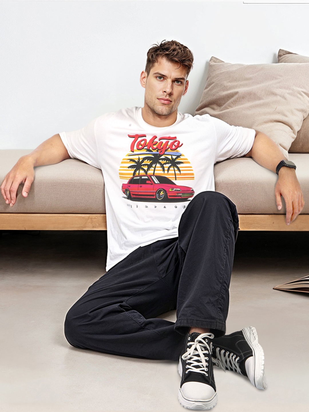 

HERE&NOW Printed Drop-Shoulder Sleeves Tropical Pure Cotton T-shirt, White