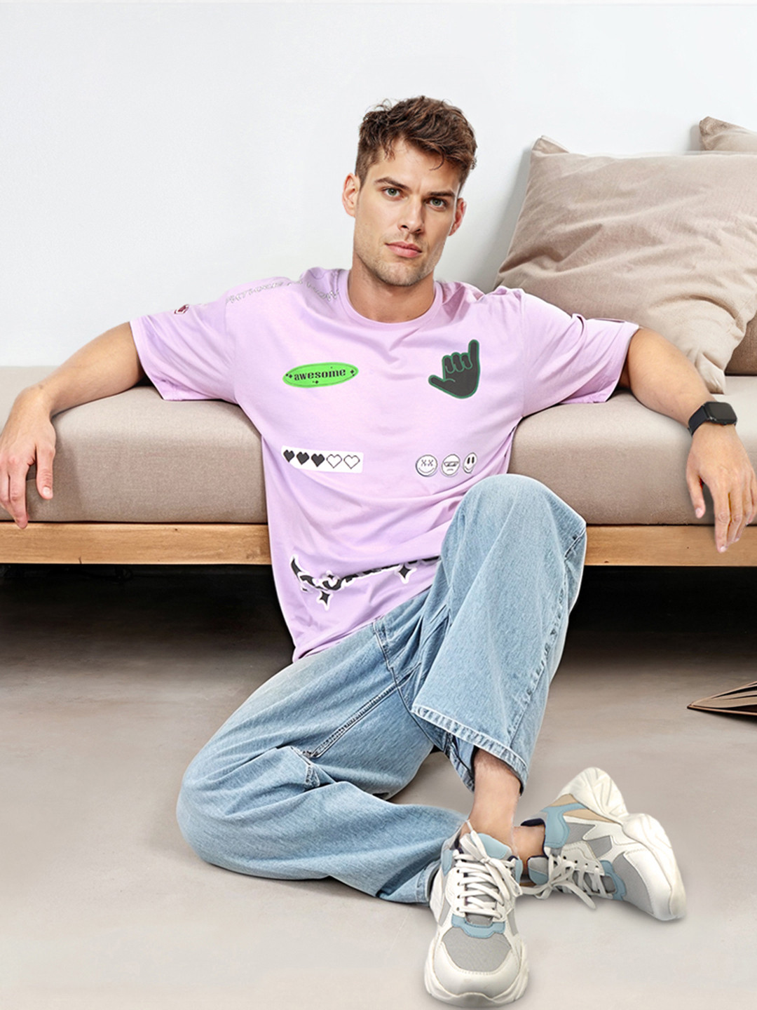 

HERE&NOW Printed Drop-Shoulder Sleeves Pure Cotton T-shirt, Lavender
