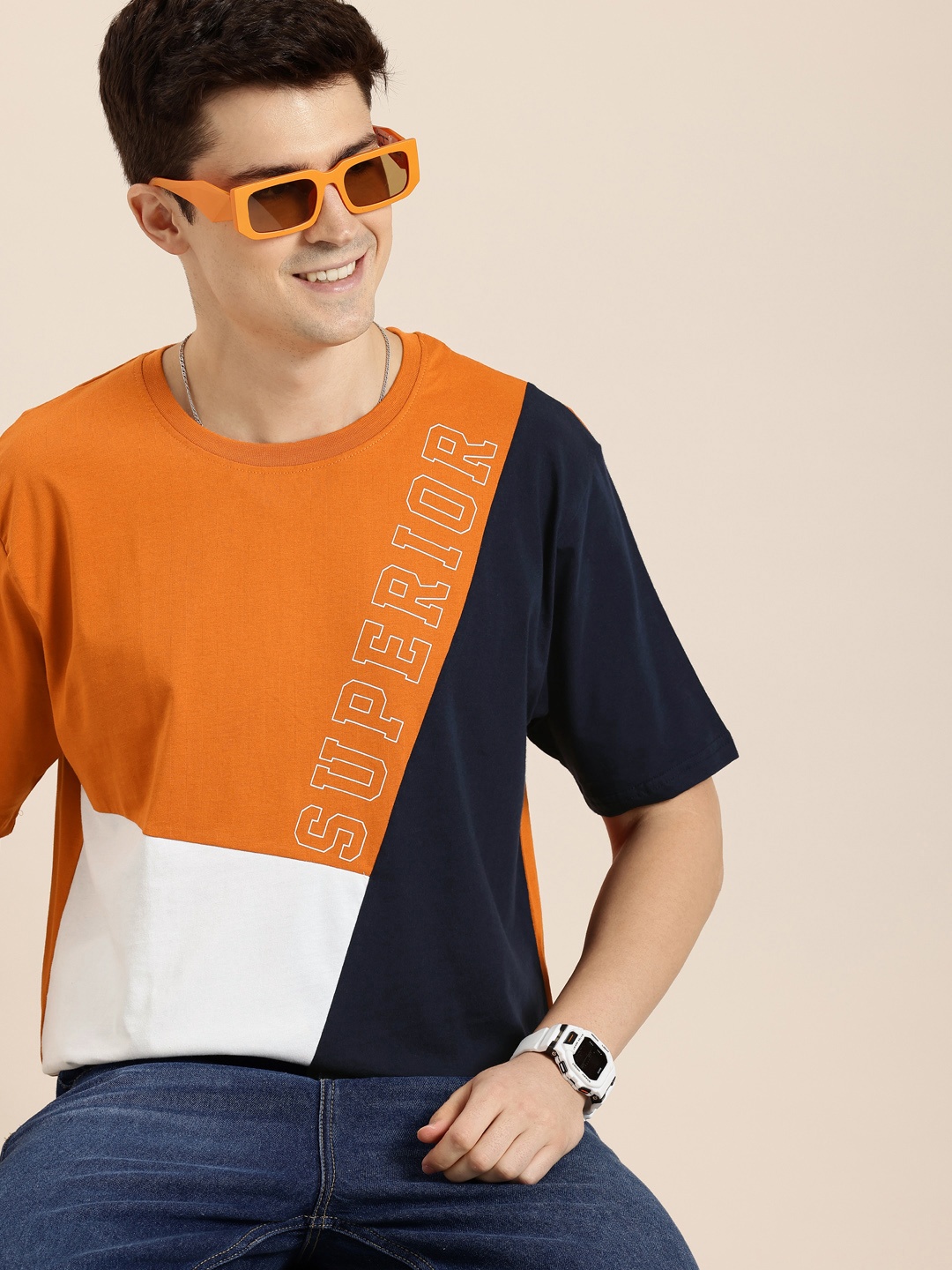 

HERE&NOW Pure Cotton Colourblocked Drop-Shoulder Sleeves Casual T-shirt, Orange