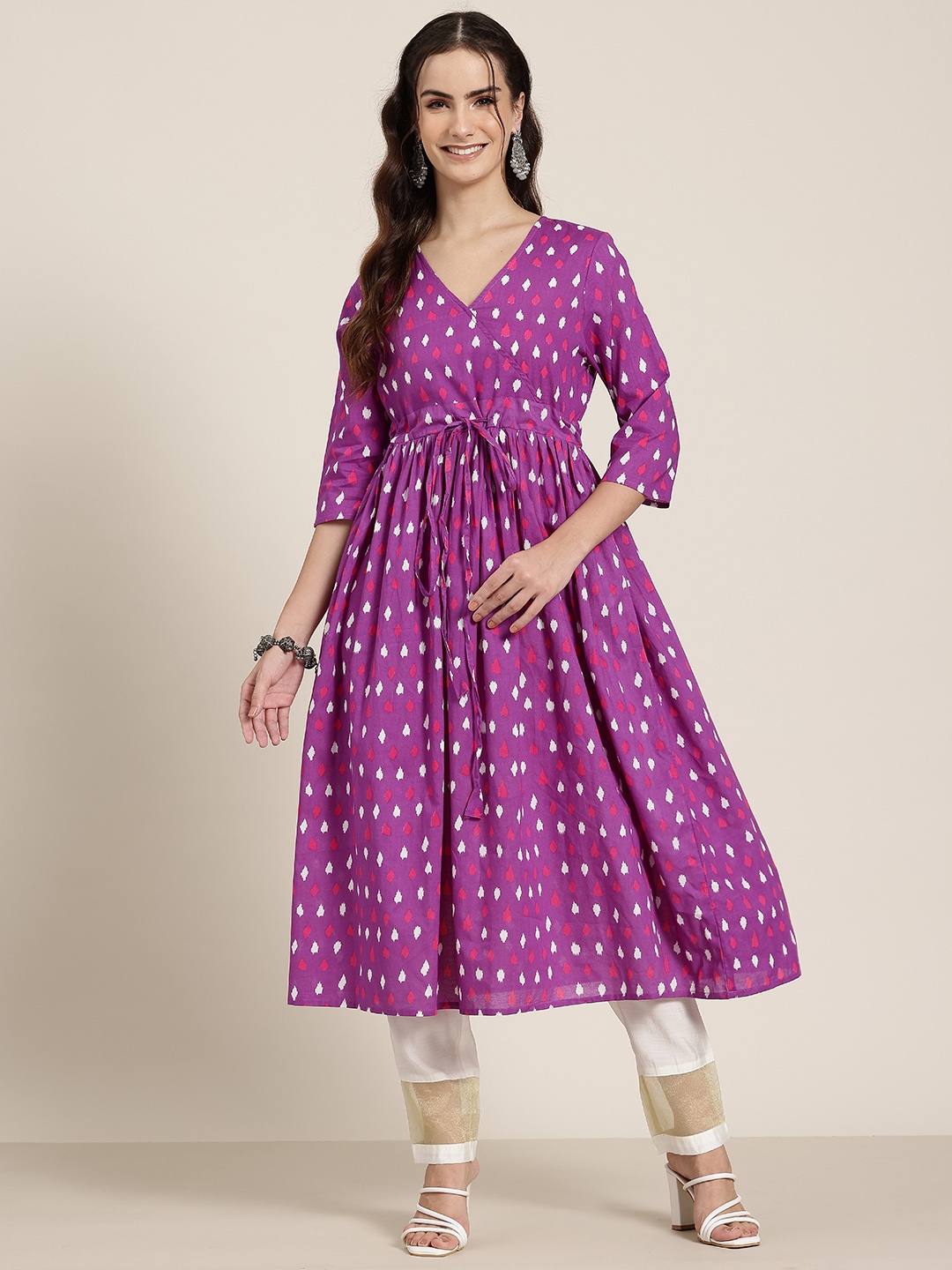 

HERE&NOW Cotton Angrakha-Style Pleated Kurta, Purple