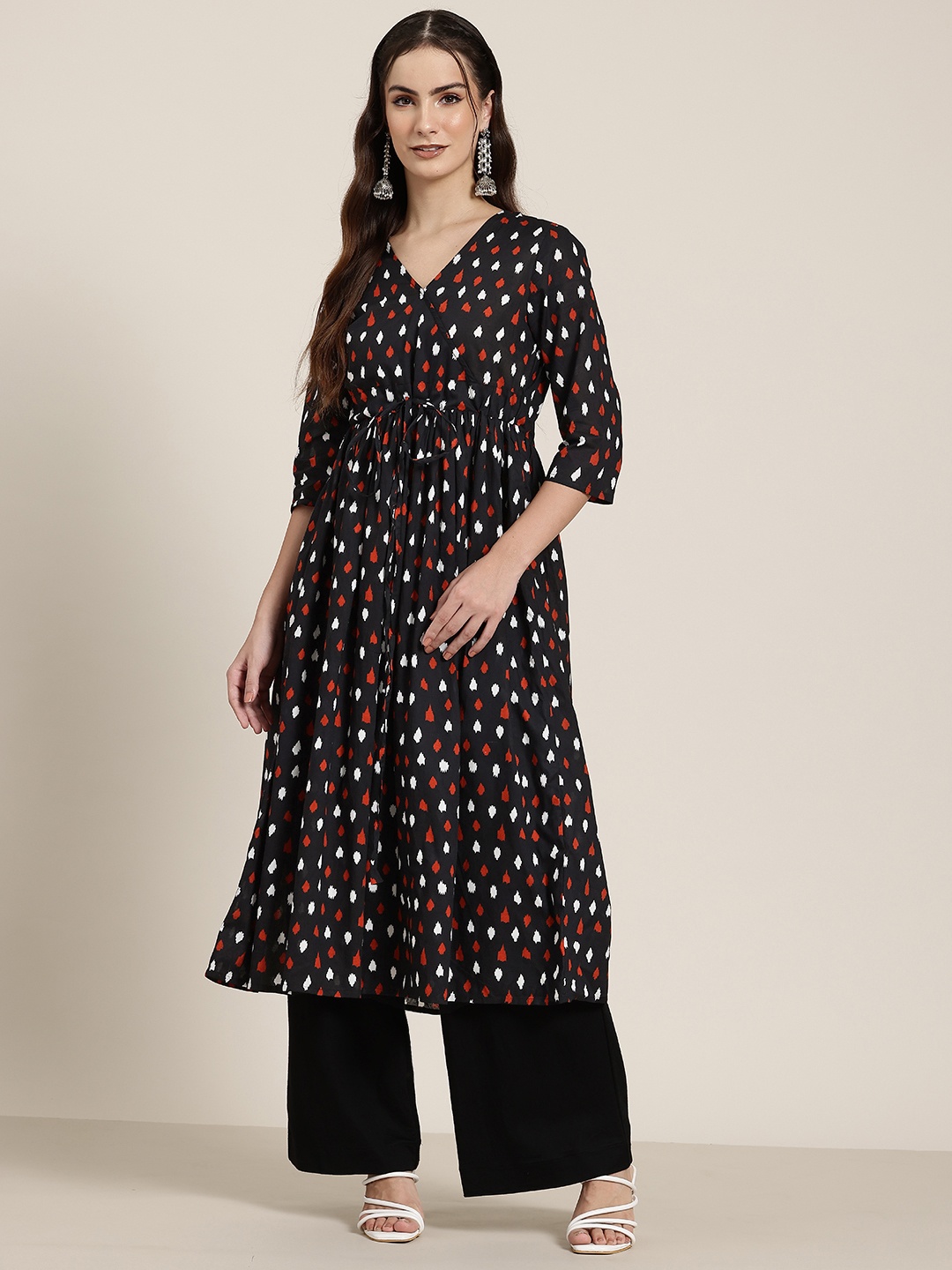 

HERE&NOW Printed Anarkali Kurta with Tie-Up, Black
