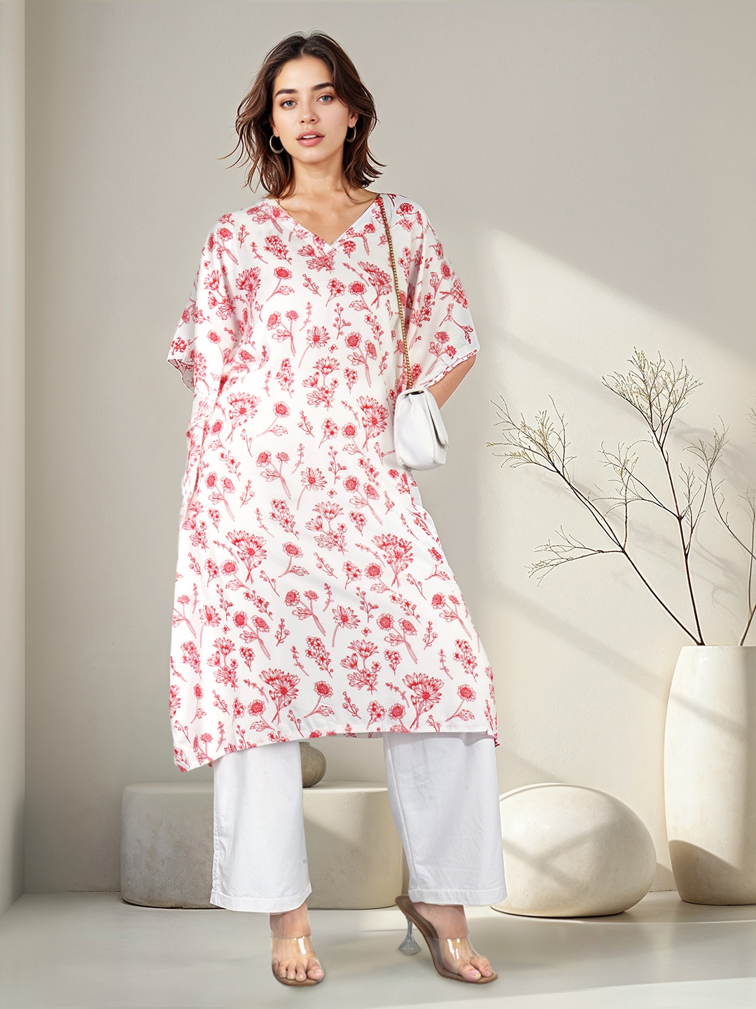 

HERE&NOW Lace Detailed Floral Printed Flared Sleeves Kaftan Kurta, Red