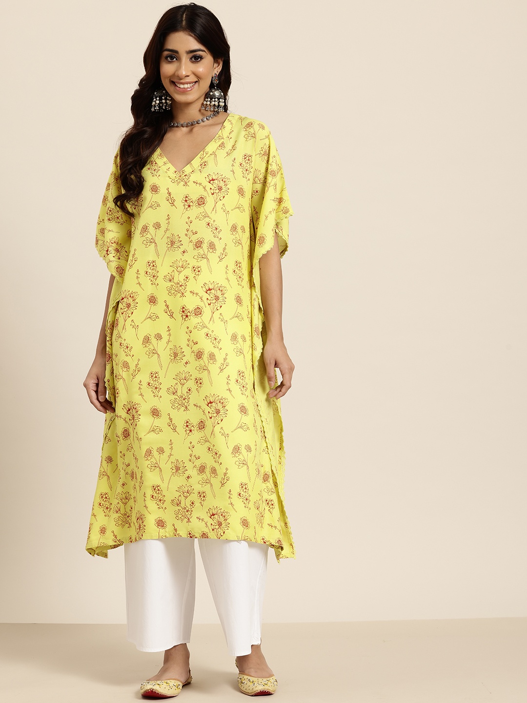 

HERE&NOW Floral Print Extended Sleeves Kaftan Kurta, Lime green