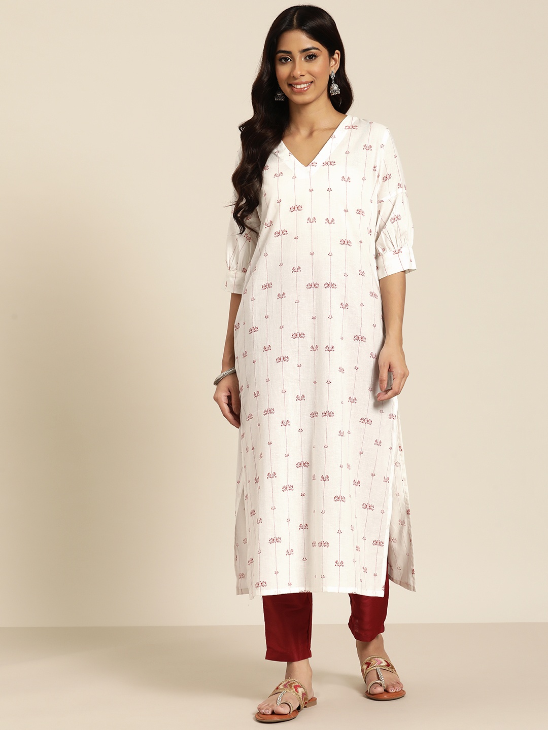 

HERE&NOW Floral Printed Pure Cotton Kurta, White