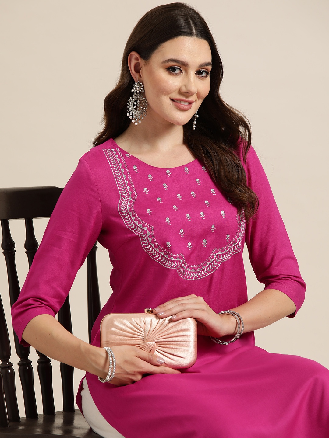 

HERE&NOW Embroidered Straight Kurta, Pink