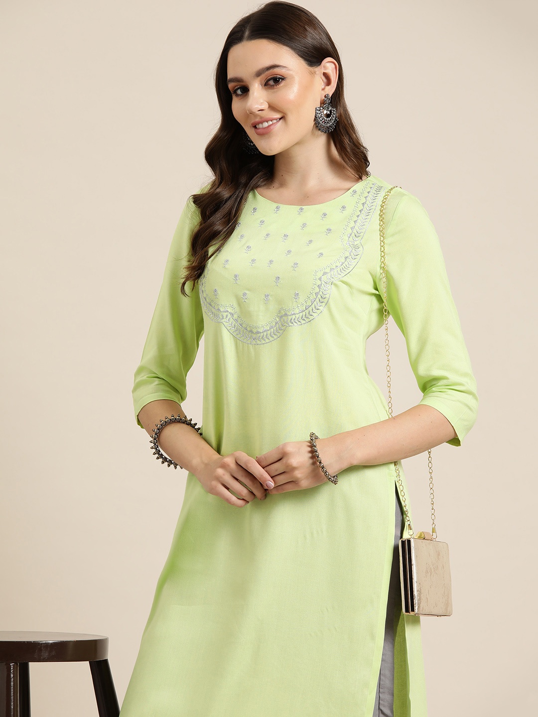 

HERE&NOW Embroidered Straight Kurta, Green