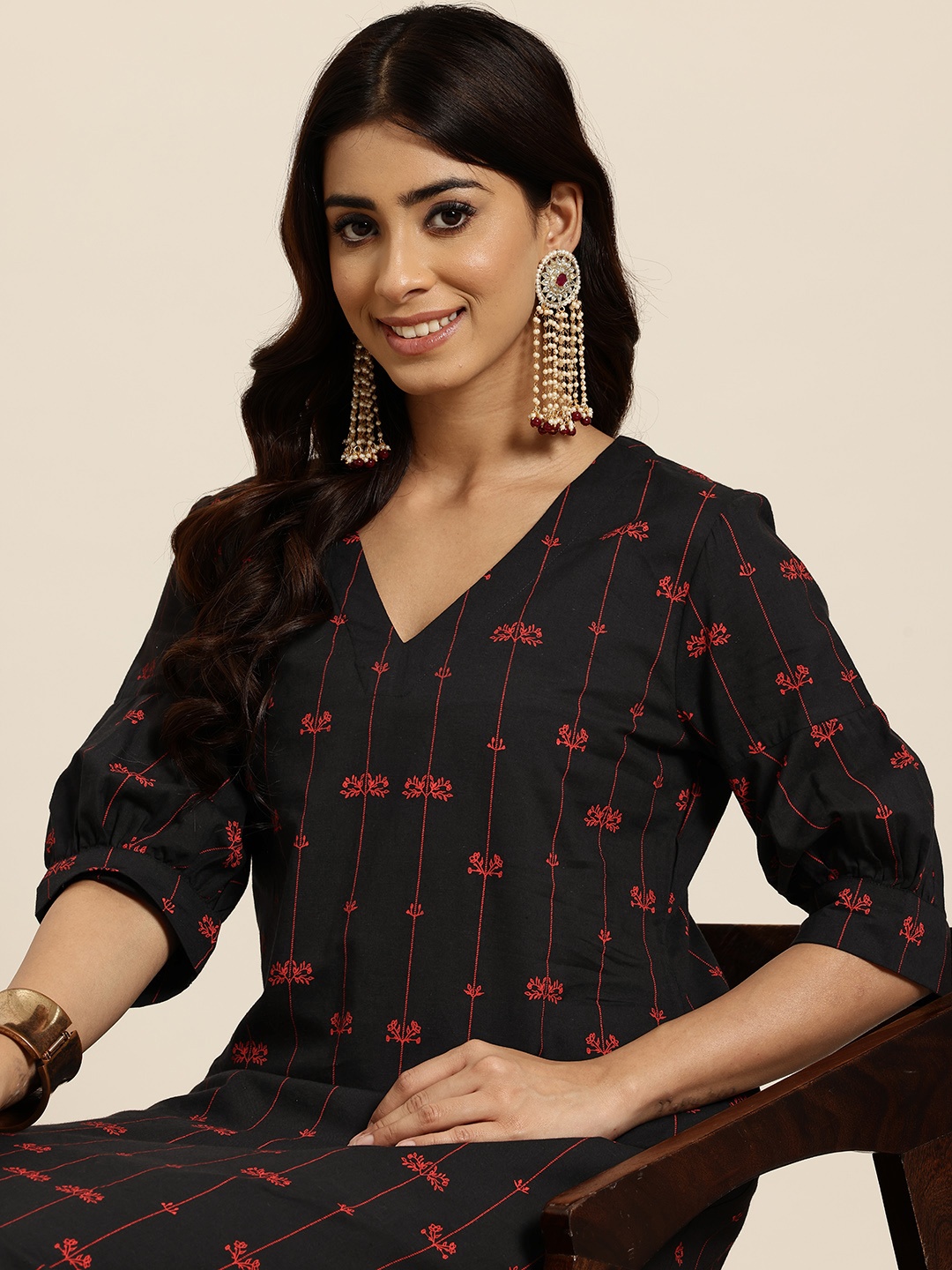 

HERE&NOW Pure Cotton Printed Straight Kurta, Black