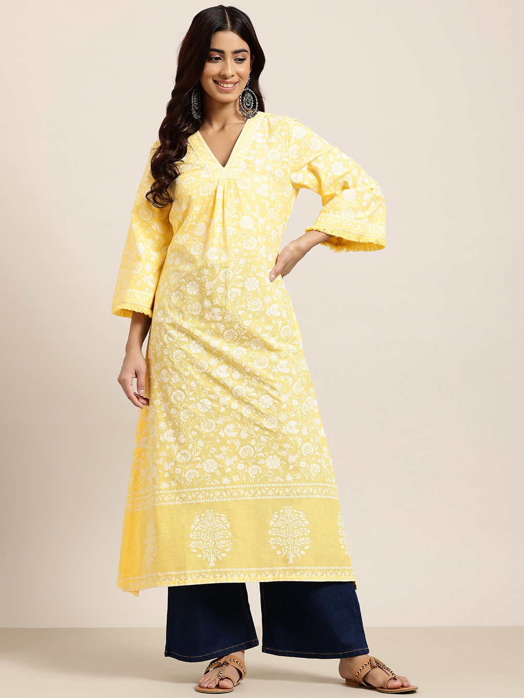 

HERE&NOW Floral Print Flared Sleeves Pure Cotton Kurta, Yellow