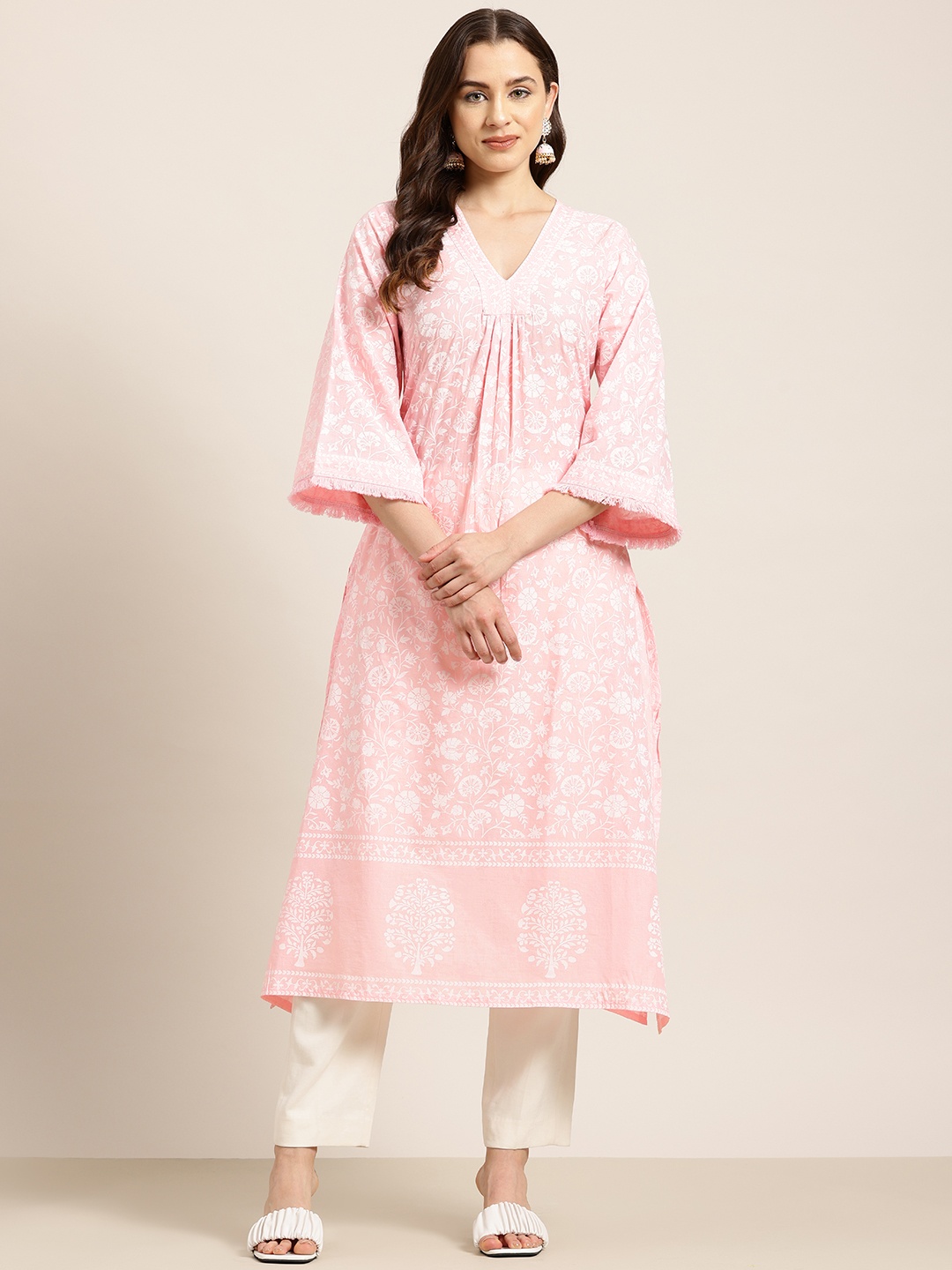 

HERE&NOW Floral Print Flared Sleeves Pure Cotton Kurta, Pink