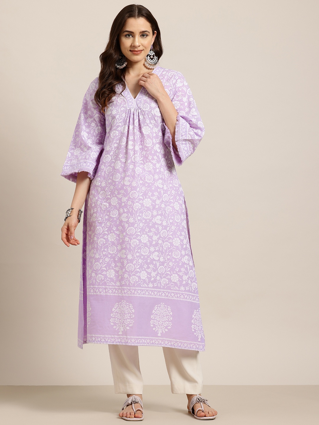 

HERE&NOW Floral Print Flared Sleeves Pure Cotton Kurta, Lavender